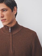 Tan Brown Regular Fit Textured Premium Quarter Zip Jumper - Image 4 of 7
