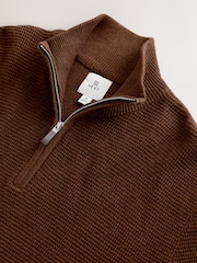 Tan Brown Regular Fit Textured Premium Quarter Zip Jumper - Image 7 of 7