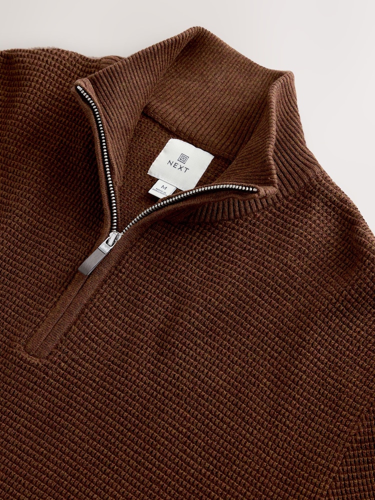 Tan Brown Regular Fit Textured Premium Quarter Zip Jumper - Image 7 of 7