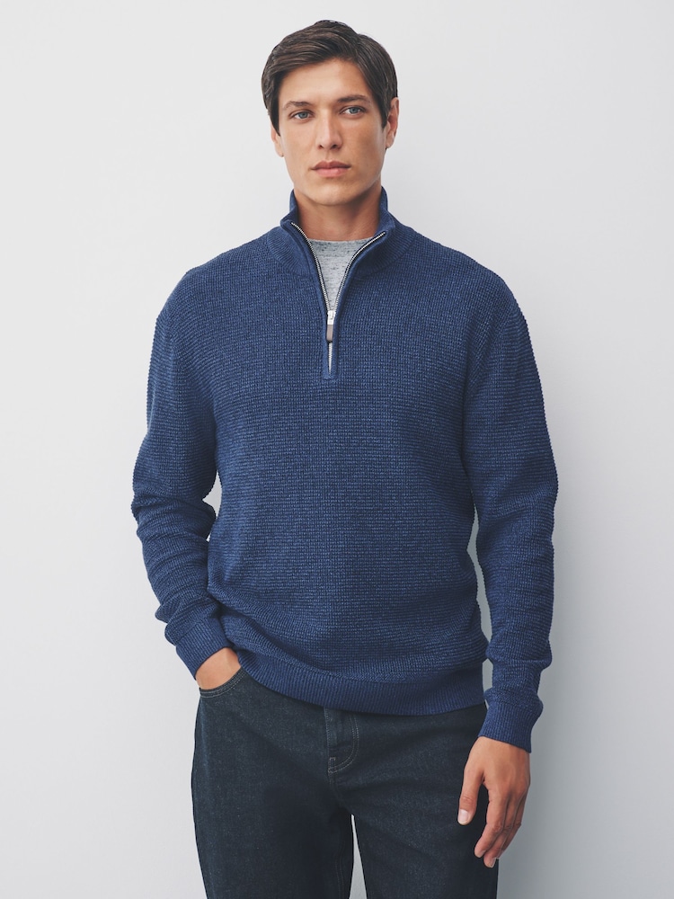 Blue Regular Fit Textured Premium Quarter Zip Jumper - Image 1 of 7