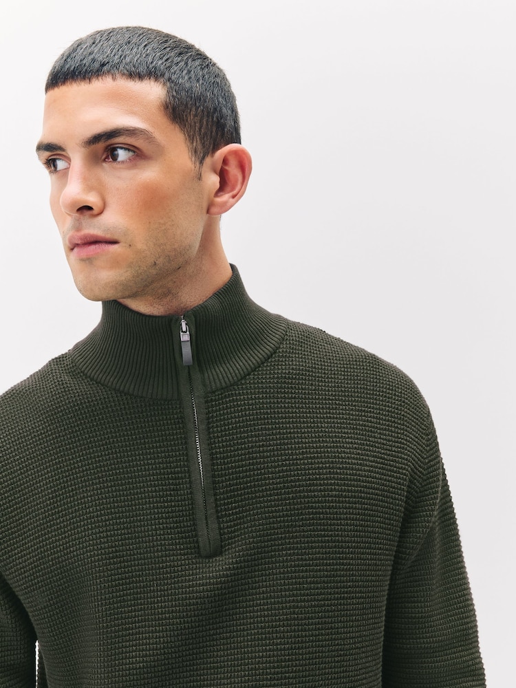 Khaki Green Regular Fit Textured Premium Quarter Zip Jumper - Image 1 of 7 Khaki Green Regular Fit Textured Premium Quarter Zip Jumper - Image 1 of 7