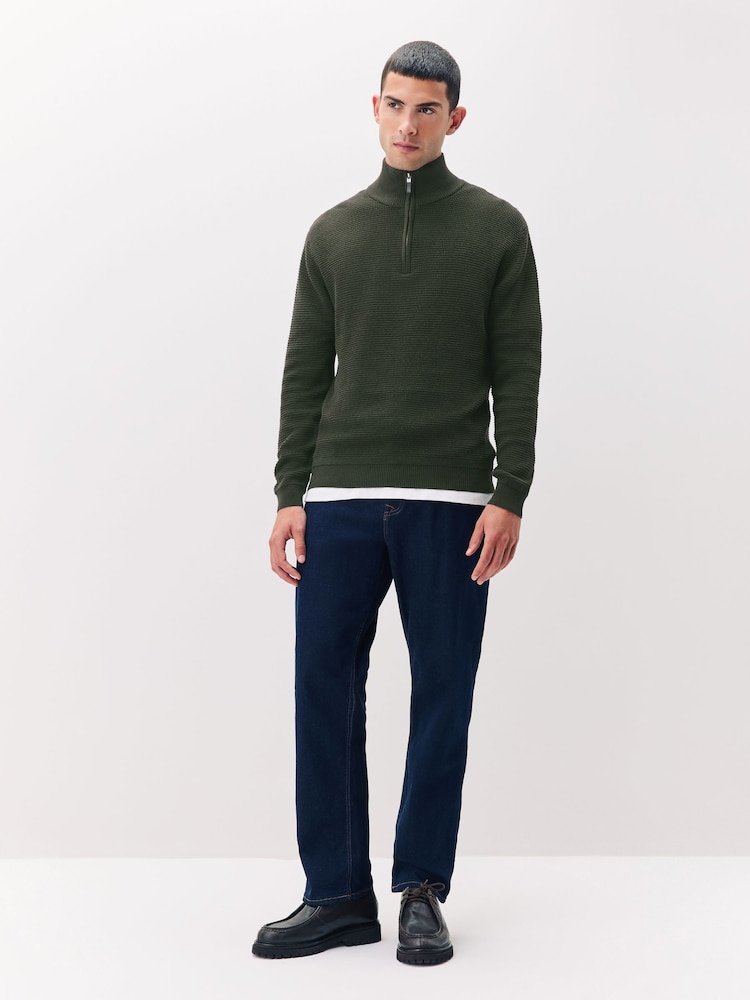 Khaki Green Regular Fit Textured Premium Quarter Zip Jumper - Image 2 of 7