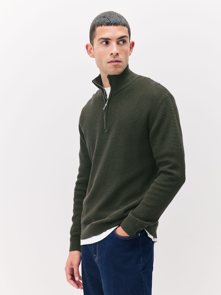 Khaki Green Regular Fit Textured Premium Quarter Zip Jumper - Image 2 of 7 Khaki Green Regular Fit Textured Premium Quarter Zip Jumper - Image 2 of 7