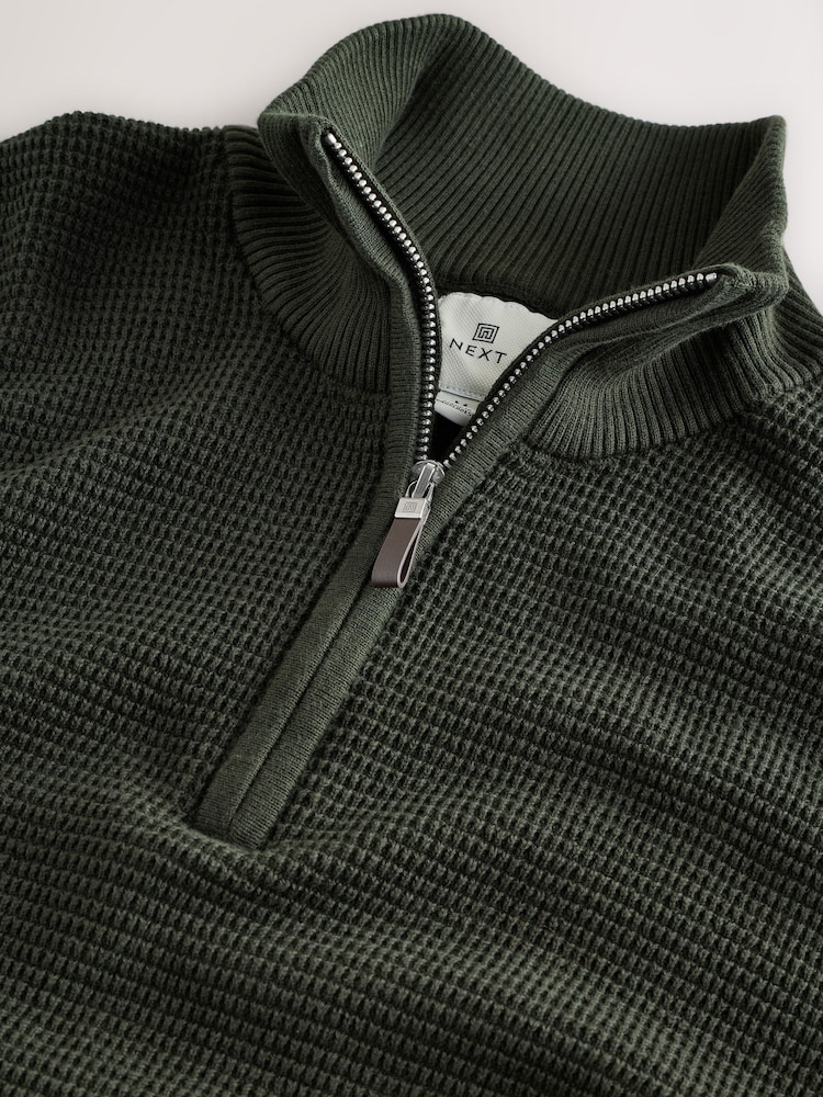 Khaki Green Regular Fit Textured Premium Quarter Zip Jumper - Image 7 of 7