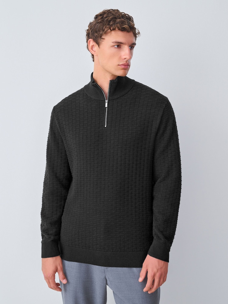 Black Regular Fit Textured Premium Quarter Zip Jumper - Image 1 of 7 Black Regular Fit Textured Premium Quarter Zip Jumper - Image 1 of 7