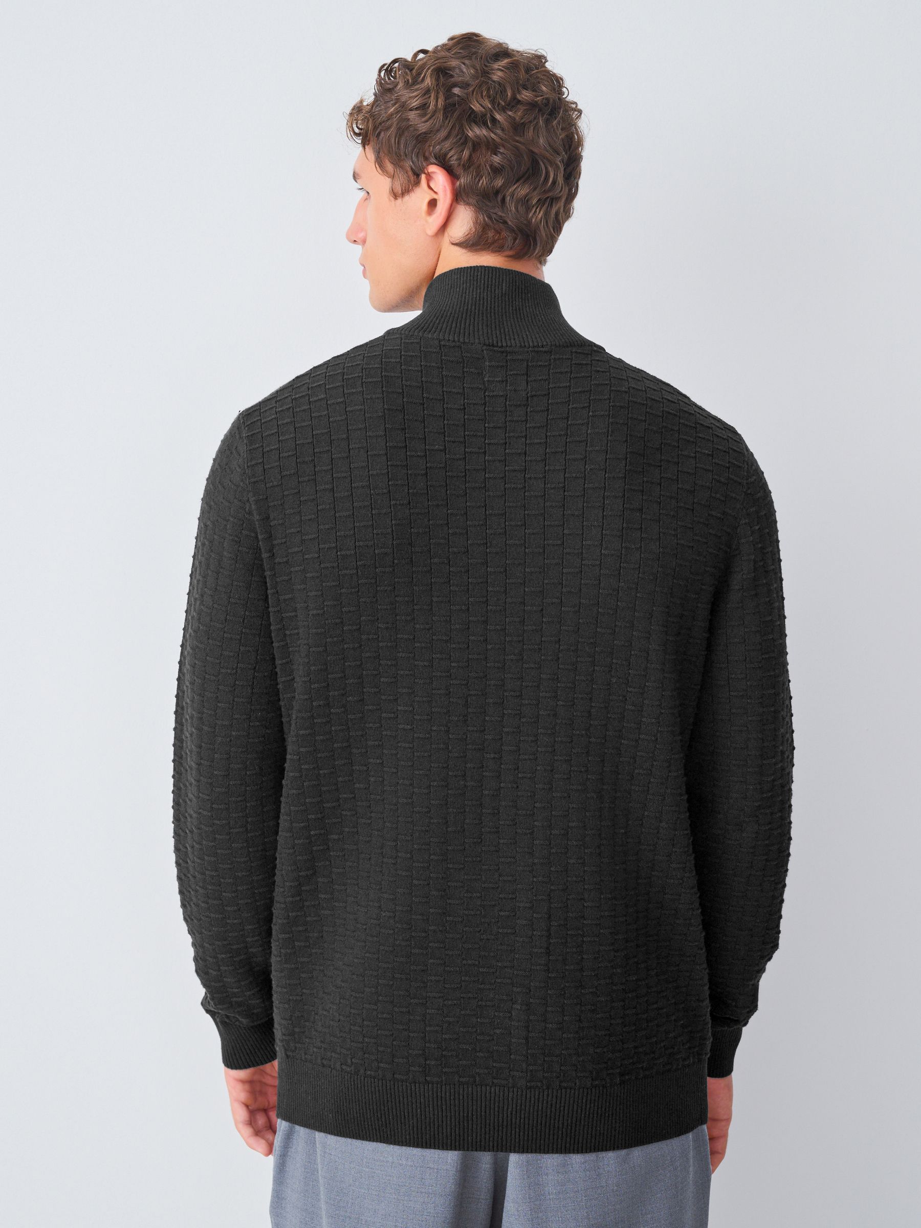 Buy Black Cotton Rich Regular Fit Textured Quarter Zip Neck Jumper