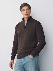 Brown Plain Regular Fit Premium Quarter Zip Jumper - Image 1 of 7