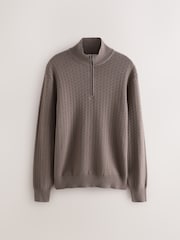 Truffle Brown Regular Fit Textured Premium Quarter Zip Jumper - Image 1 of 3