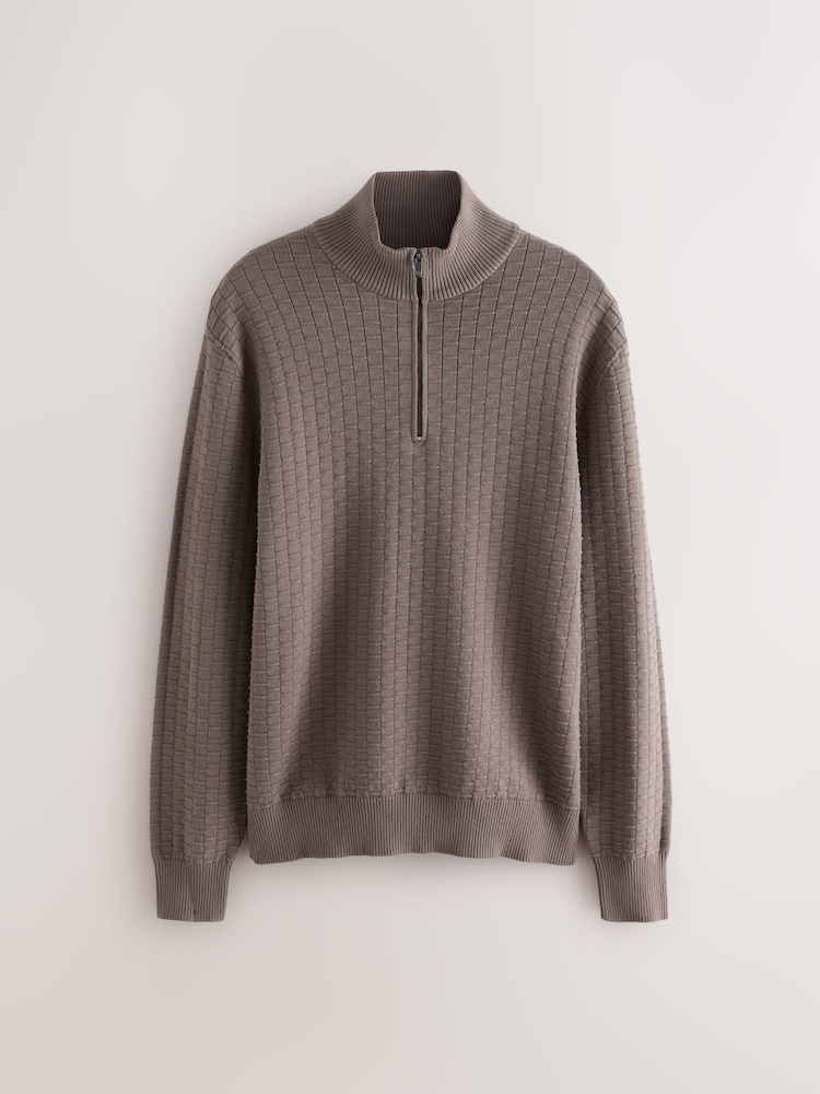 Truffle Brown Regular Fit Textured Premium Quarter Zip Jumper - Image 1 of 3
