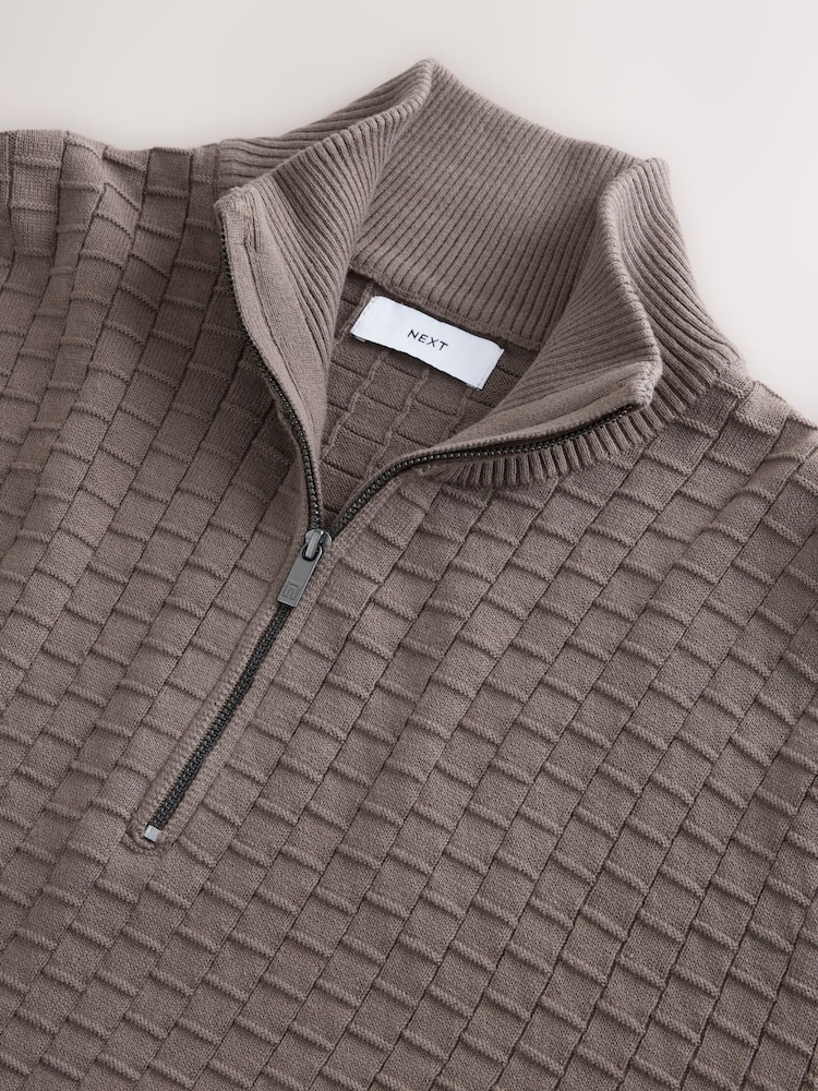 Truffle Brown Regular Fit Textured Premium Quarter Zip Jumper - Image 3 of 3 Truffle Brown Regular Fit Textured Premium Quarter Zip Jumper - Image 3 of 3