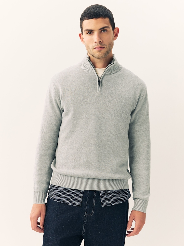 Light Grey Plain Regular Fit Premium Quarter Zip Jumper - Image 1 of 5
