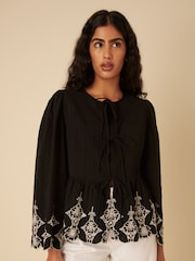 Nobodys Child Black Aramis Tie Front Embroidered Blouse - Image 1 of 4
