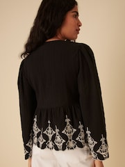 Nobodys Child Black Aramis Tie Front Embroidered Blouse - Image 4 of 4