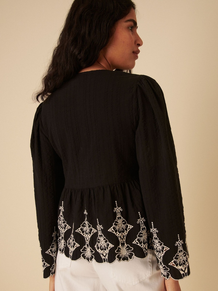 Nobodys Child Black Aramis Tie Front Embroidered Blouse - Image 4 of 4