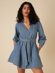 Nobodys Child Blue Denim Nolan Tie Belt Mini Dress - Image 1 of 4