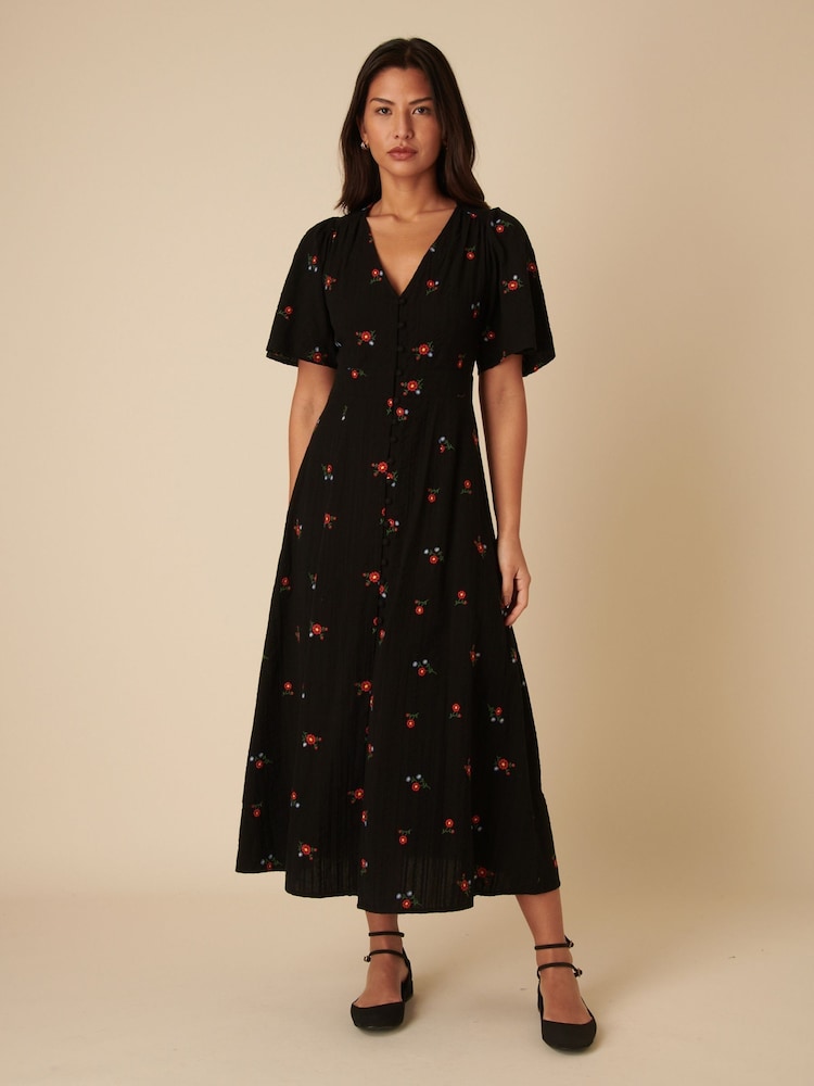 Nobodys Child Black Floral Bow Back Embroidered Andie Midi Dress - Image 1 of 3