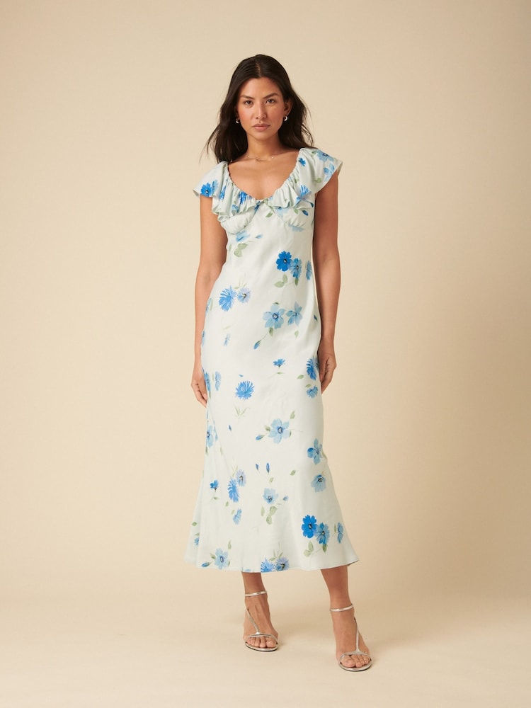 Nobodys Child Blue Abelia Floral Ruffled V Neck Midi Dress - Image 1 of 5