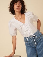 Nobodys Child White Bernadetta Tie Front Detail 100% Cotton Blouse - Image 3 of 4