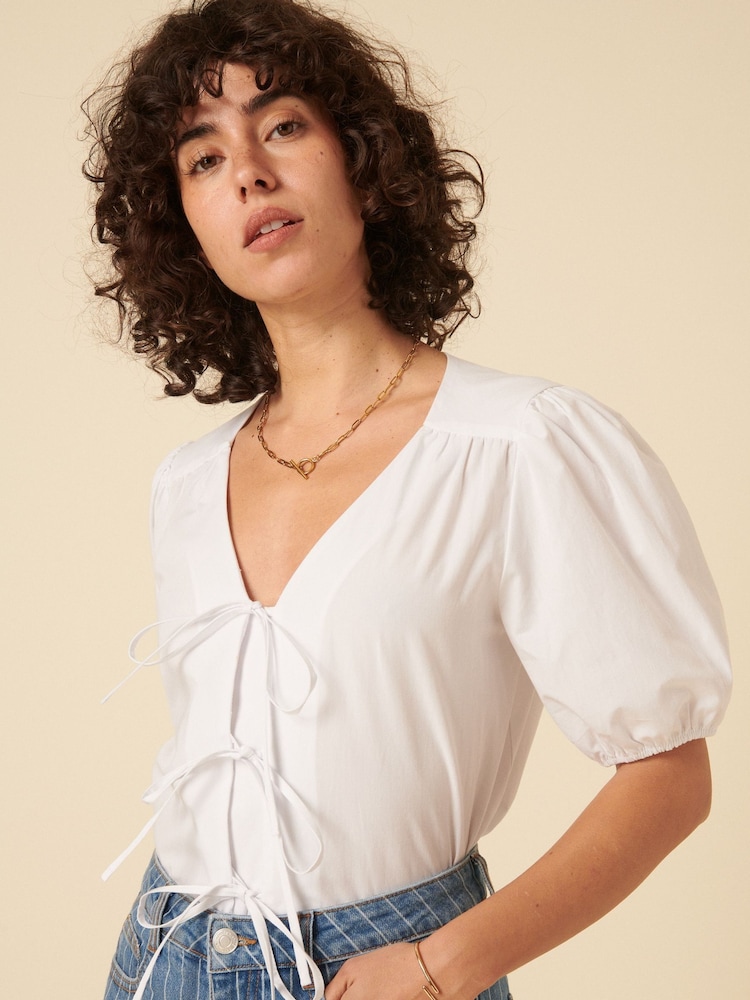 Nobodys Child White Bernadetta Tie Front Detail 100% Cotton Blouse - Image 4 of 4