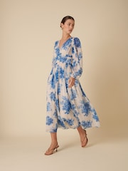 Nobodys Child White And Blue Watercolour Floral Anya Midi Dress - Image 1 of 4