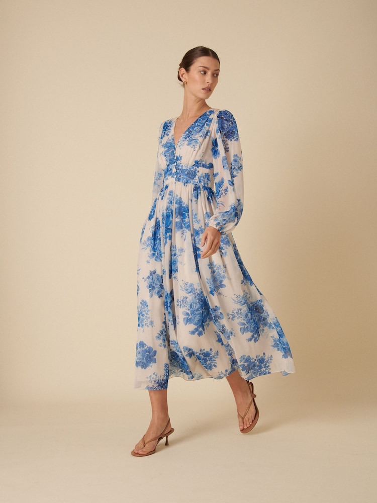 Nobodys Child White And Blue Watercolour Floral Anya Midi Dress - Image 1 of 4