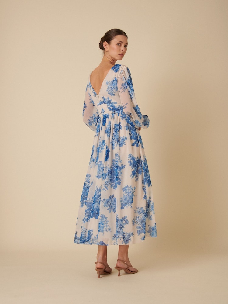 Nobodys Child White And Blue Watercolour Floral Anya Midi Dress - Image 2 of 4