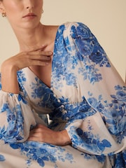 Nobodys Child White And Blue Watercolour Floral Anya Midi Dress - Image 4 of 4