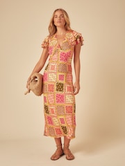 Nobodys Child Orange Layla Patchwork Print Ruffle Sleeve V-Neck Midi Dress - Image 1 of 6