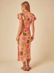 Nobodys Child Orange Layla Patchwork Print Ruffle Sleeve V-Neck Midi Dress - Image 2 of 6