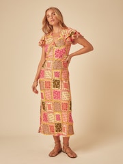 Nobodys Child Orange Layla Patchwork Print Ruffle Sleeve V-Neck Midi Dress - Image 3 of 6