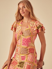 Nobodys Child Orange Layla Patchwork Print Ruffle Sleeve V-Neck Midi Dress - Image 4 of 6