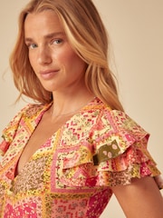 Nobodys Child Orange Layla Patchwork Print Ruffle Sleeve V-Neck Midi Dress - Image 5 of 6