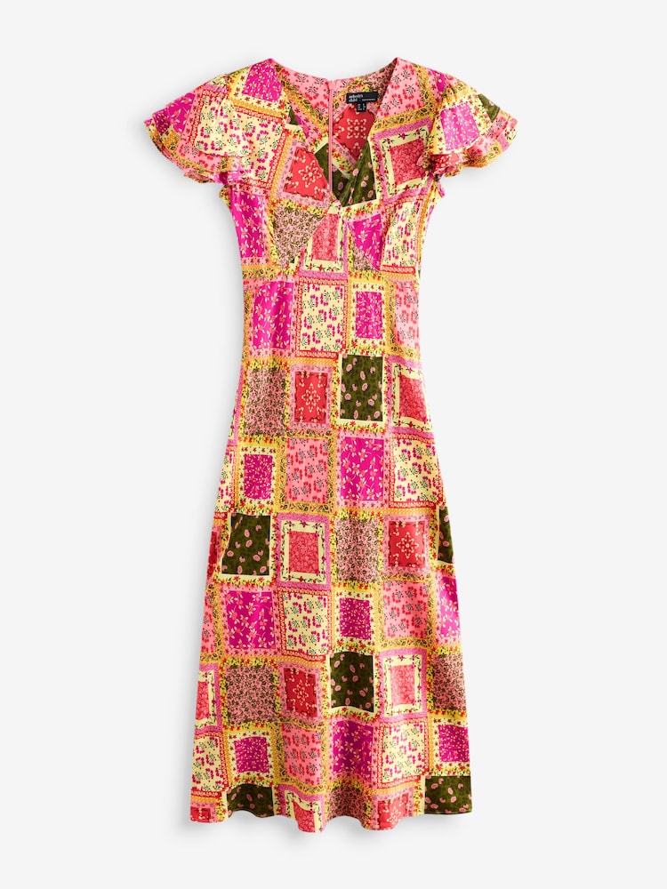 Nobodys Child Orange Layla Patchwork Print Ruffle Sleeve V-Neck Midi Dress - Image 6 of 6