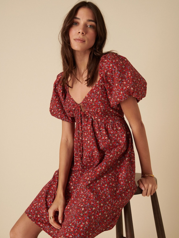 Nobodys Child Red Ditsy Floral Puff Sleeve Joanna Mini Dress - Image 1 of 5