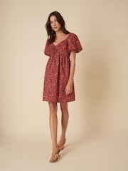 Nobodys Child Red Ditsy Floral Puff Sleeve Joanna Mini Dress - Image 4 of 5
