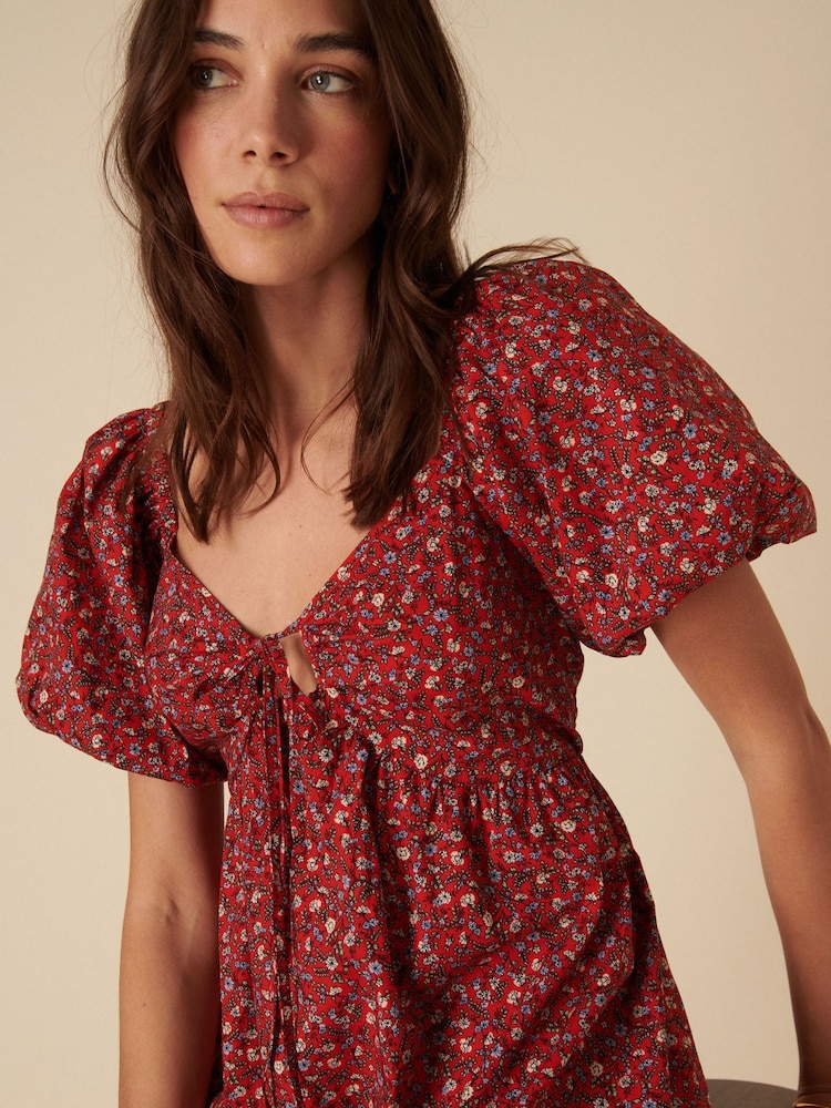Nobodys Child Red Ditsy Floral Puff Sleeve Joanna Mini Dress - Image 5 of 5