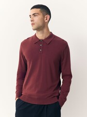 Red Regular Fit Cotton Rich Long Sleeve Knitted Polo Shirt - Image 1 of 7