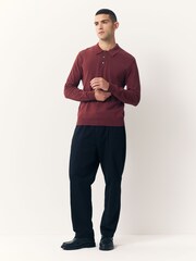 Red Regular Fit Cotton Rich Long Sleeve Knitted Polo Shirt - Image 3 of 7