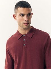 Red Regular Fit Cotton Rich Long Sleeve Knitted Polo Shirt - Image 4 of 7
