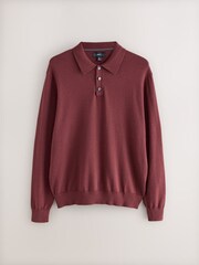 Red Regular Fit Cotton Rich Long Sleeve Knitted Polo Shirt - Image 5 of 7