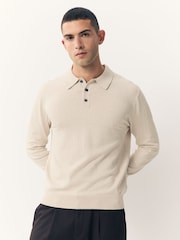 Neutral Marl Regular Fit Cotton Rich Long Sleeve Knitted Polo Shirt - Image 1 of 7