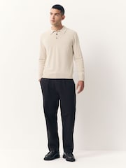 Neutral Marl Regular Fit Cotton Rich Long Sleeve Knitted Polo Shirt - Image 2 of 7