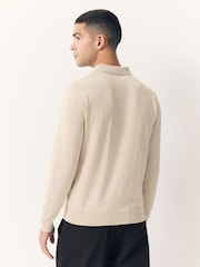 Neutral Marl Regular Fit Cotton Rich Long Sleeve Knitted Polo Shirt - Image 3 of 7