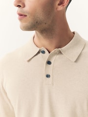 Neutral Marl Regular Fit Cotton Rich Long Sleeve Knitted Polo Shirt - Image 4 of 7