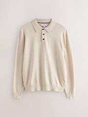 Neutral Marl Regular Fit Cotton Rich Long Sleeve Knitted Polo Shirt - Image 5 of 7