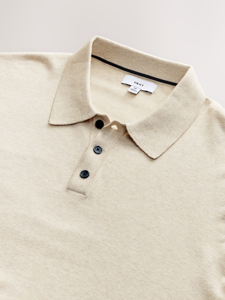 Neutral Marl Regular Fit Cotton Rich Long Sleeve Knitted Polo Shirt - Image 7 of 7