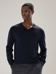 Navy Blue V-Neck Cotton Rich Long Sleeve Jumper - Image 1 of 7