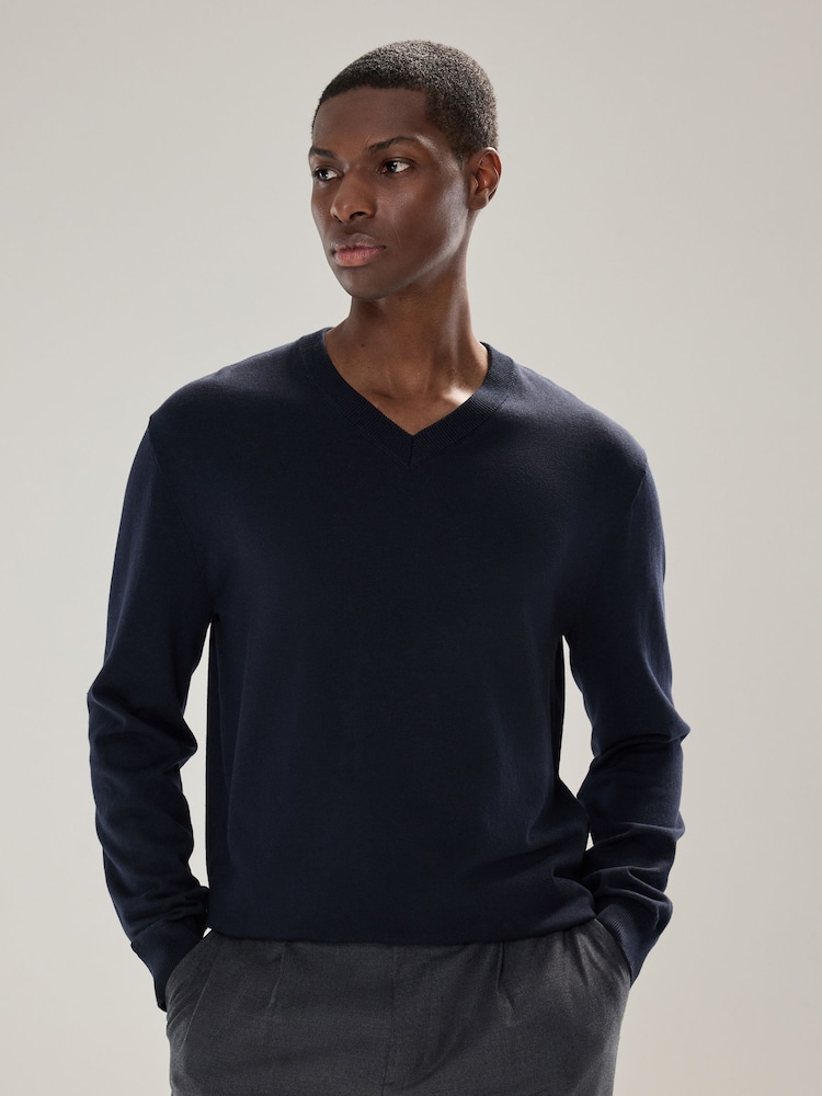 Navy Blue V-Neck Cotton Rich Long Sleeve Jumper - Image 1 of 7
