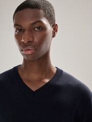 Navy Blue V-Neck Cotton Rich Long Sleeve Jumper - Image 4 of 7