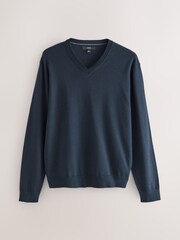 Navy Blue V-Neck Cotton Rich Long Sleeve Jumper - Image 5 of 7